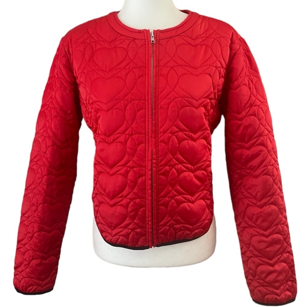 Love Moschino Red Quilted Hearts Zip Up Short Nylon Bomber Jacket Size US 8